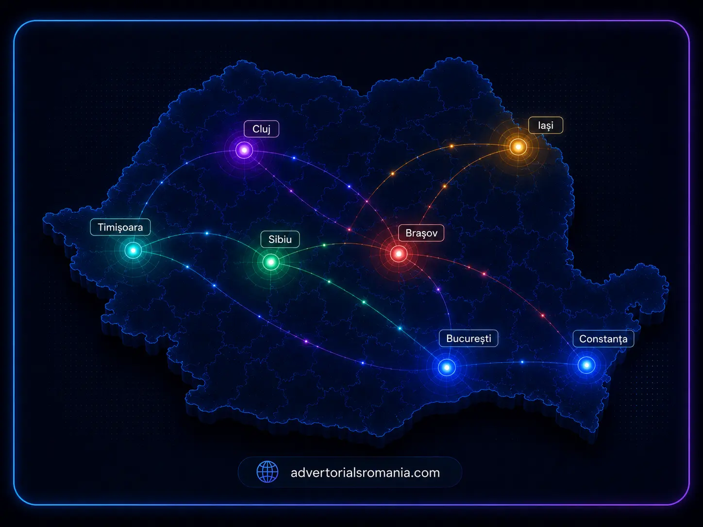 Infografik zur regionalen Reichweite in Rumänien mit Schwerpunkten für die Regionalplanung bei Advertorials — Bukarest, Cluj-Napoca, Timiș, Iași, Brașov, Constanța, Dolj, Prahova, Sibiu, Mureș.